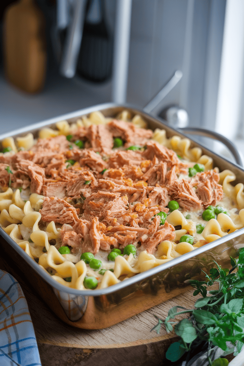 Indoor photo of a baking dish with golden-topped tuna noodle casserole; wide noodles peek through a creamy sauce, dotted with peas. No text or logos.