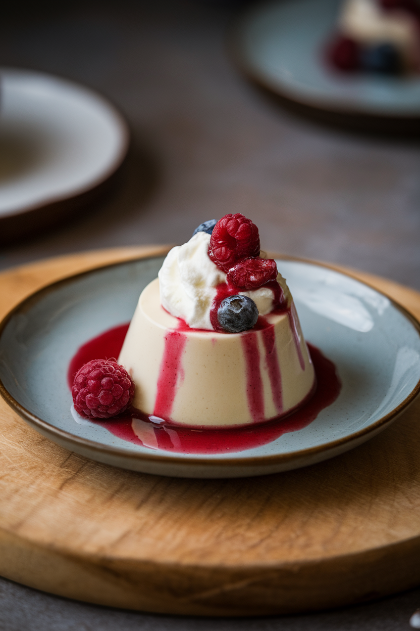 A panna cotta unmolded onto a small plate, berry sauce cascading down the sides, photographed indoors. Photo, no text or logos visible.