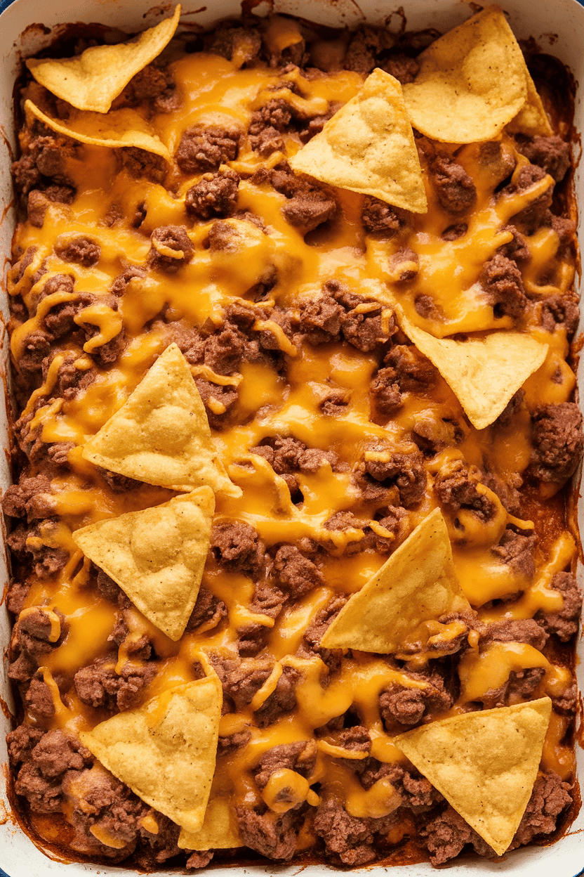 An indoor baking dish of cheesy ground-beef nacho casserole, tortilla chips peeking through melted cheddar; photo, no text or logos.