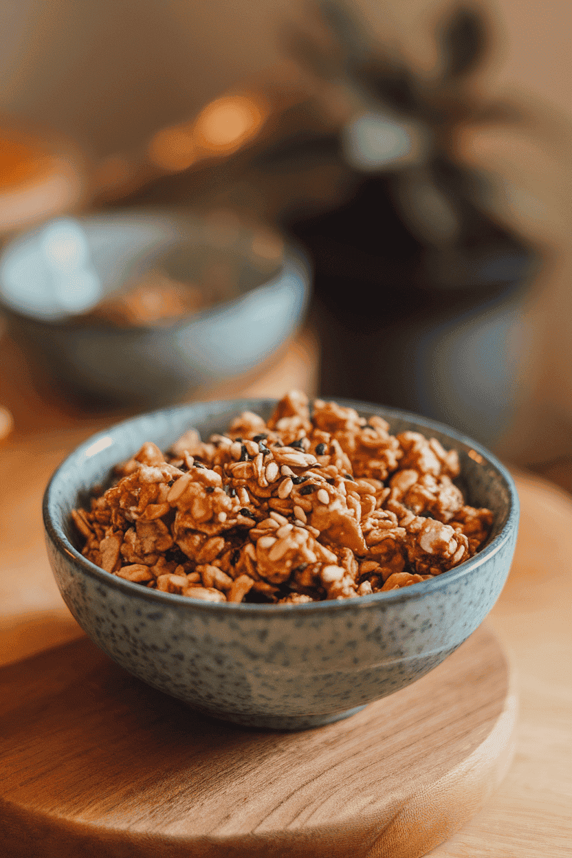 An indoor ceramic bowl showcasing chunky granola clusters flecked with sesame seeds and drizzled with honey glaze. Warm backlighting; no text or logos; photo, not illustration.