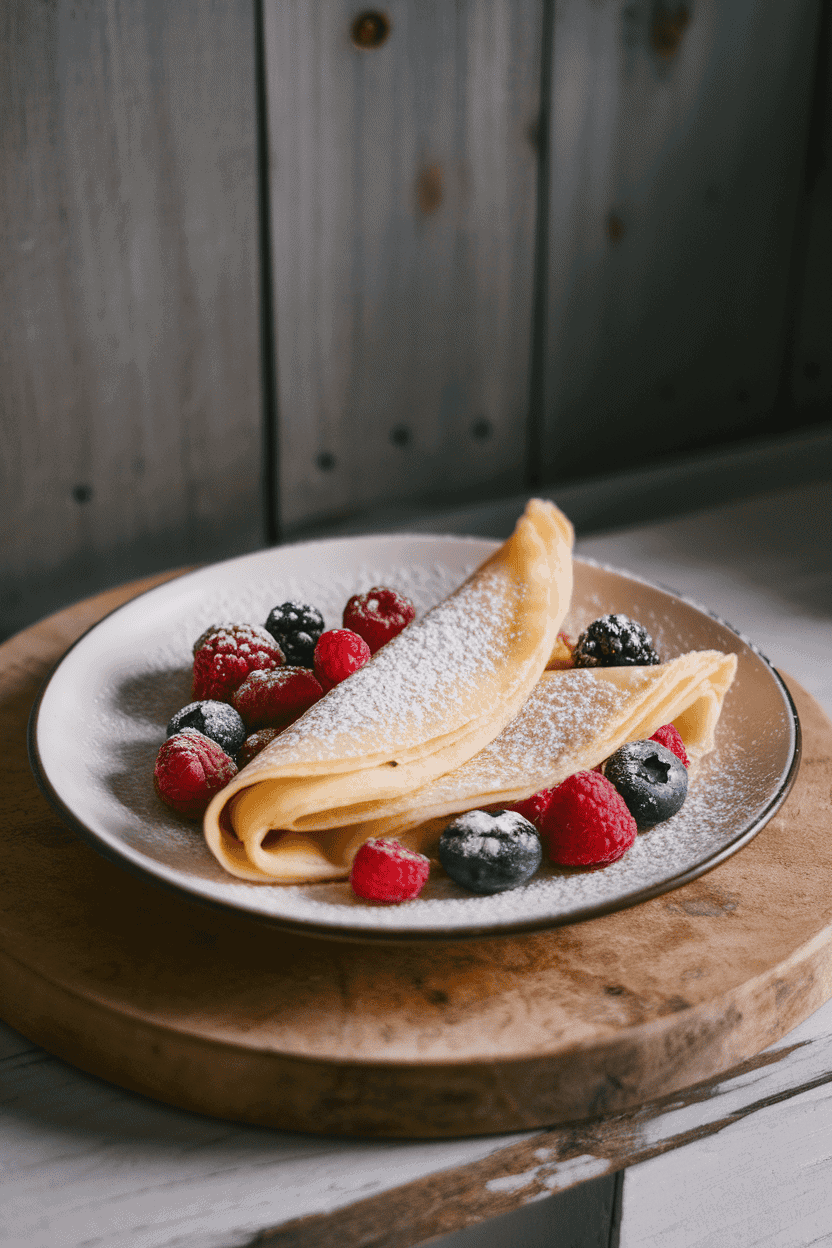 An indoor plate displaying two thin crepes folded around mixed berries and dusted with powdered sugar; no text or logos, soft morning light. Photo, not illustration.