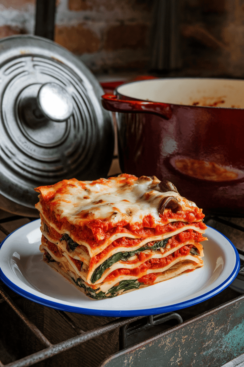 Photo of a slice of vegetable lasagna revealing layers of noodles, red sauce, and melted cheese on an enamel plate indoors. A partial Dutch oven sits nearby, lid ajar; no logos or text.