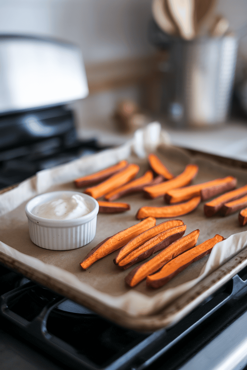 A parchment-lined baking sheet on an indoor stovetop with golden baked sweet potato fries and a small ramekin of yogurt-based dipping sauce. No logos or text. Photo, not illustration.