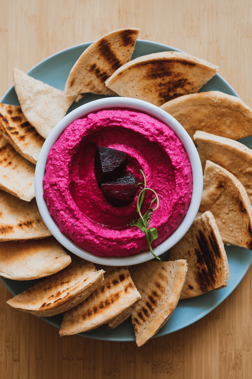 An indoor plate featuring a vibrant pink bowl of beet hummus surrounded by toasted whole-wheat pita wedges. No text or logos. Photo only.