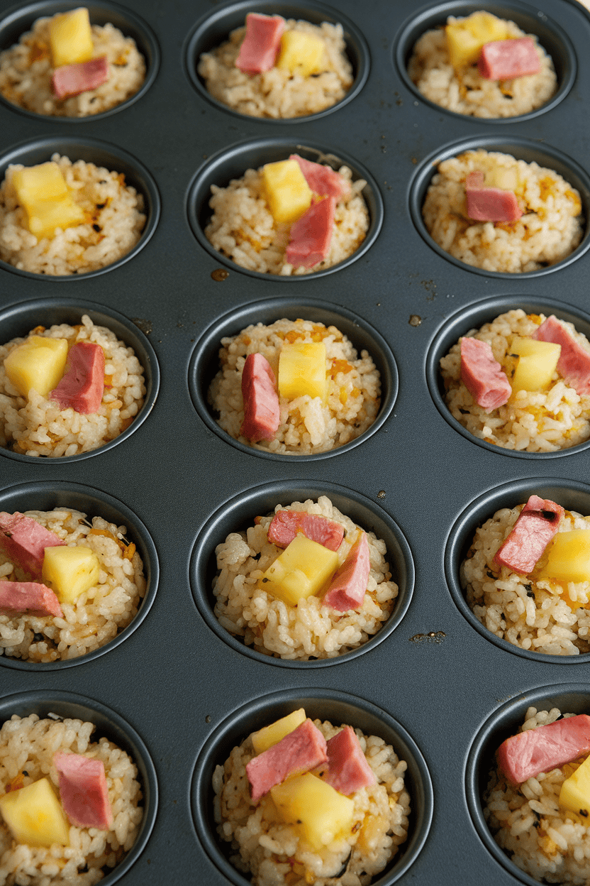 Indoor muffin tray holding individual fried rice cups with bits of ham and pineapple baked together, tops slightly browned. No text or logos.