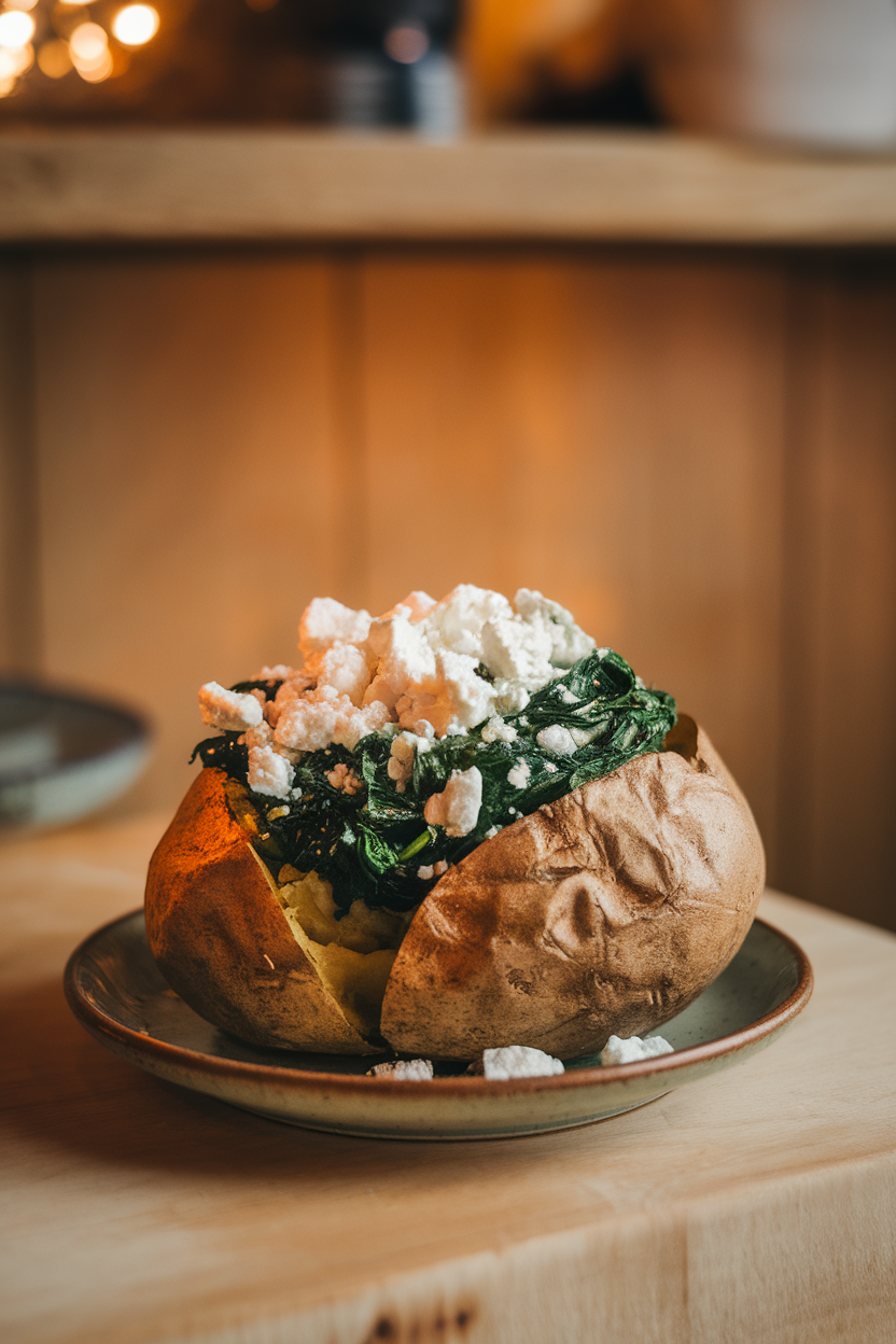 Indoor photo of a split baked potato overflowing with sautéed spinach and crumbled feta, set on a small plate. Warm lighting with no text or logos visible.