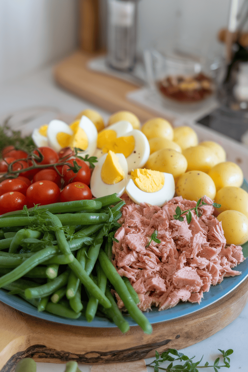 An indoor platter with cooked green beans, cherry tomatoes, hard-boiled egg wedges, small boiled potatoes, and flaked canned tuna, all drizzled with vinaigrette. Photo only, no text or logos.