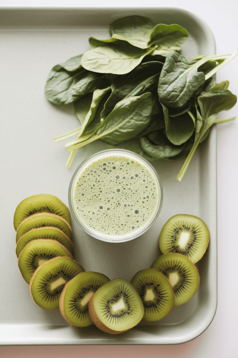 An indoor breakfast tray with a light green smoothie, kiwi slices fanned out and a handful of spinach leaves nearby. Photo, no text or logos.