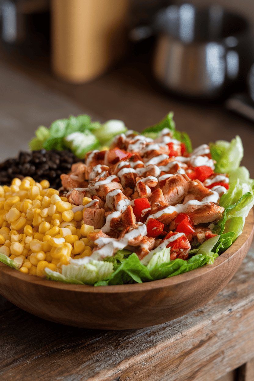 Indoor wooden bowl filled with chopped romaine, diced grilled BBQ chicken, corn, tomatoes, and black beans, topped with a drizzle of ranch. Photo only, no text or logos.