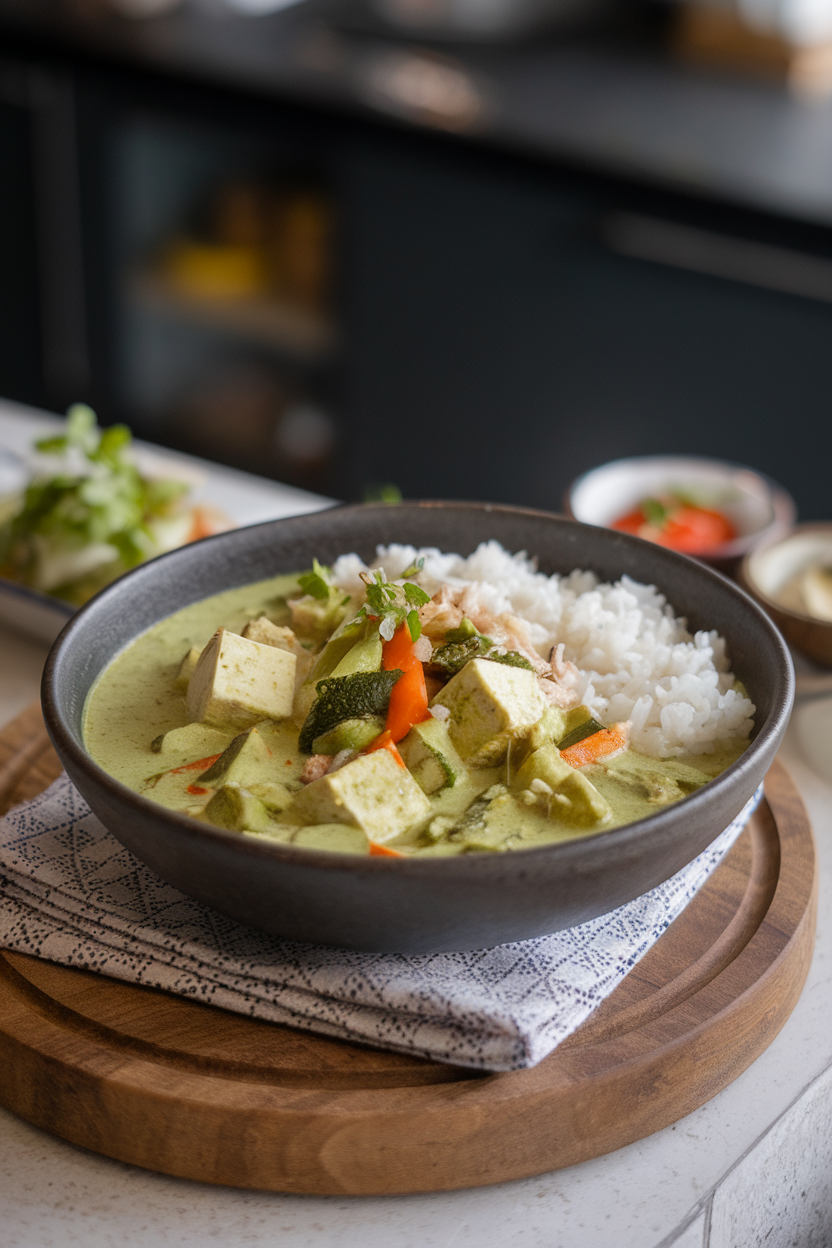 An indoor tabletop photo of a bowl of cooked Thai green curry with mixed vegetables and tofu in a light coconut broth, served over rice. No text or logos in scene.