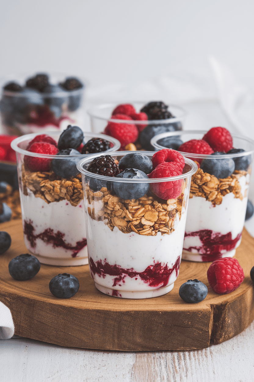 Indoor image of clear plastic cups layered with Greek yogurt, granola, and mixed berries, lids on. No logos in scene.