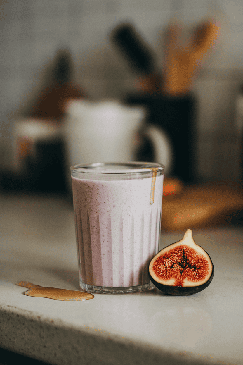 Indoor countertop with a rustic glass of light purple smoothie, a sliced fig and a honey drizzle beside it. Photo, no text or logos.