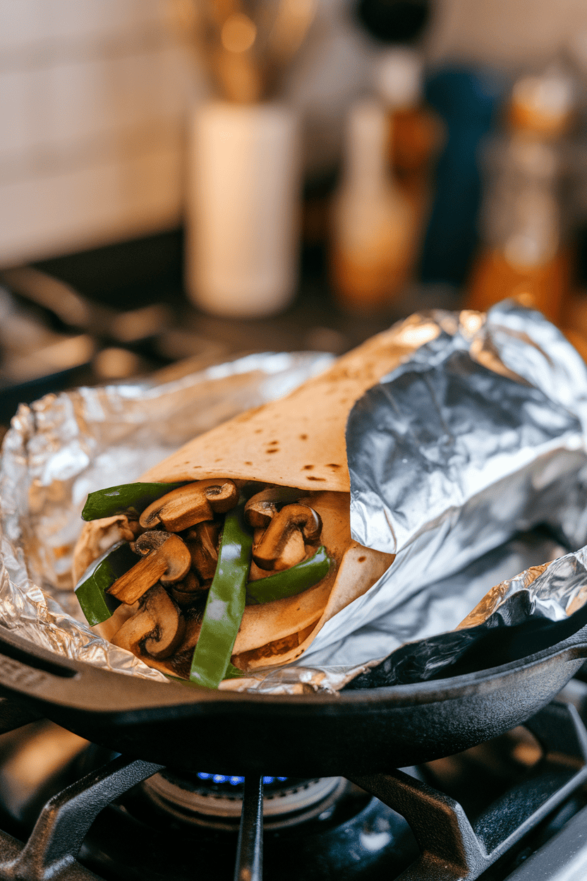 An indoor stovetop shot of a burrito featuring sautéed mushrooms and roasted poblano strips peeking out. No text or logos. Photo, not illustration.