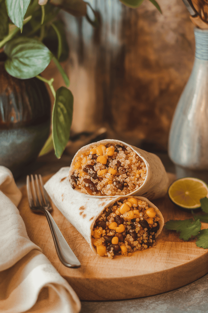 A cozy indoor scene showcasing a burrito cross-section filled with fluffy quinoa, roasted corn, and black beans. No text, no logos. Photo, not illustration.