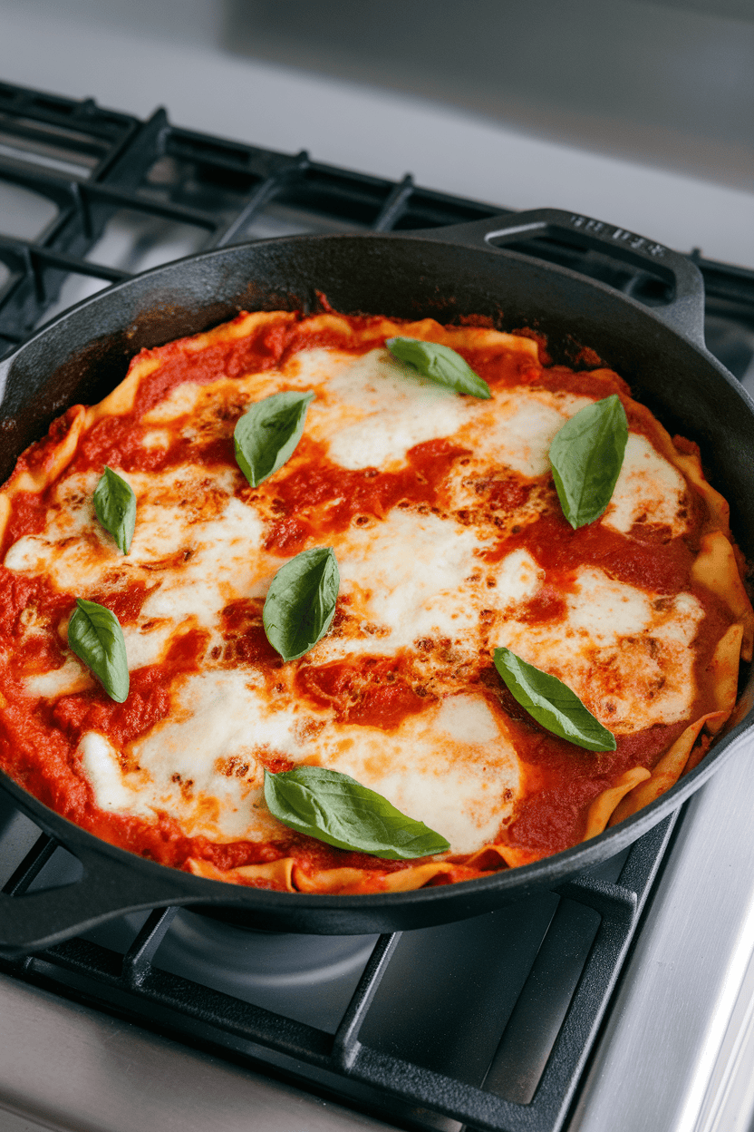 Indoor stovetop view of a cast-iron skillet layered with broken lasagna noodles, tomato sauce, bubbling mozzarella, and fresh basil; no text or logos on cookware.