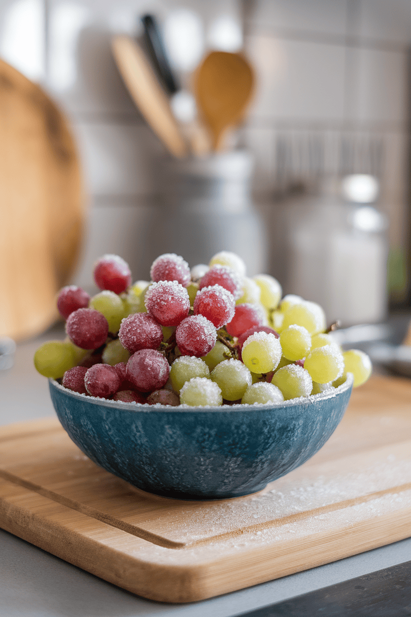 A frosty indoor bowl of seedless red and green grapes lightly coated with ice crystals, resting on a kitchen counter, no text or logos, photo.