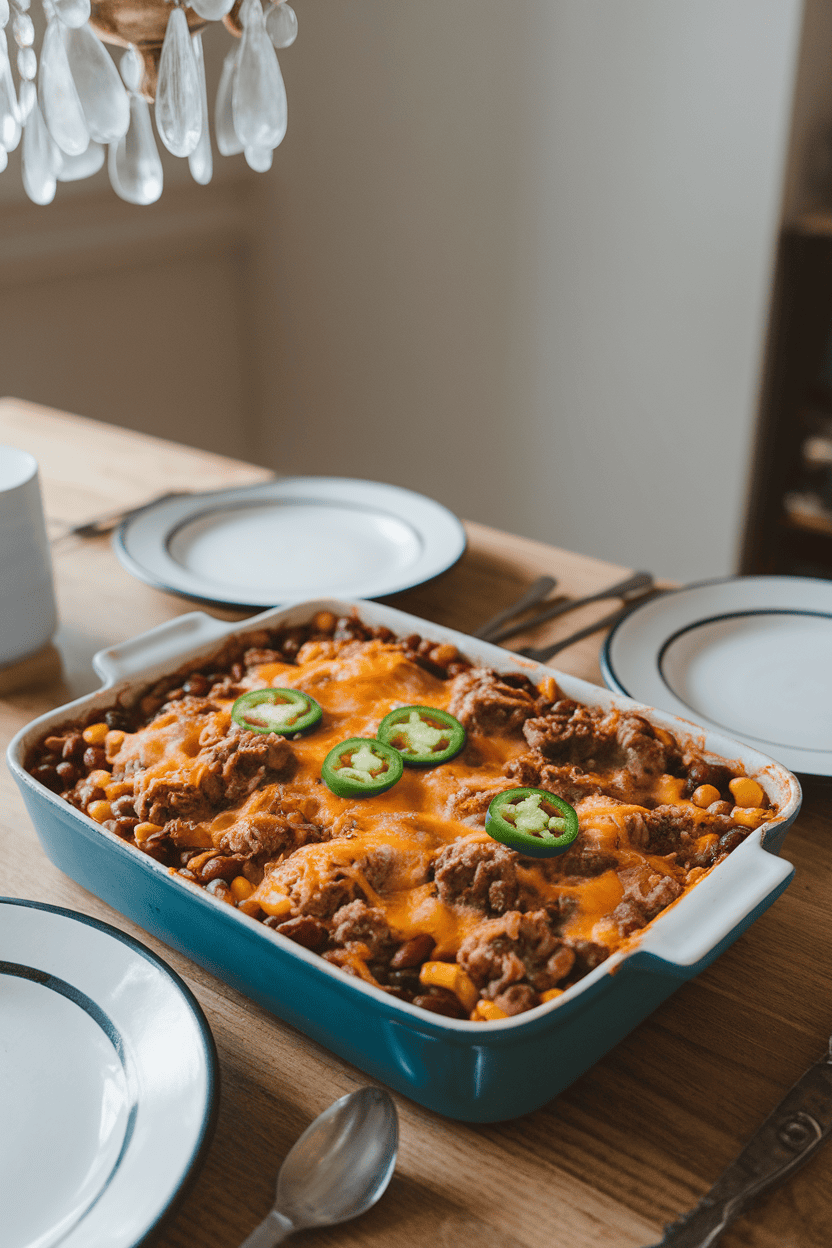 Photo of an indoor dining table featuring a rectangular casserole bubbling with seasoned beef, black beans, corn, and melted cheese, garnished with sliced jalapeños. No text or logos anywhere in view.