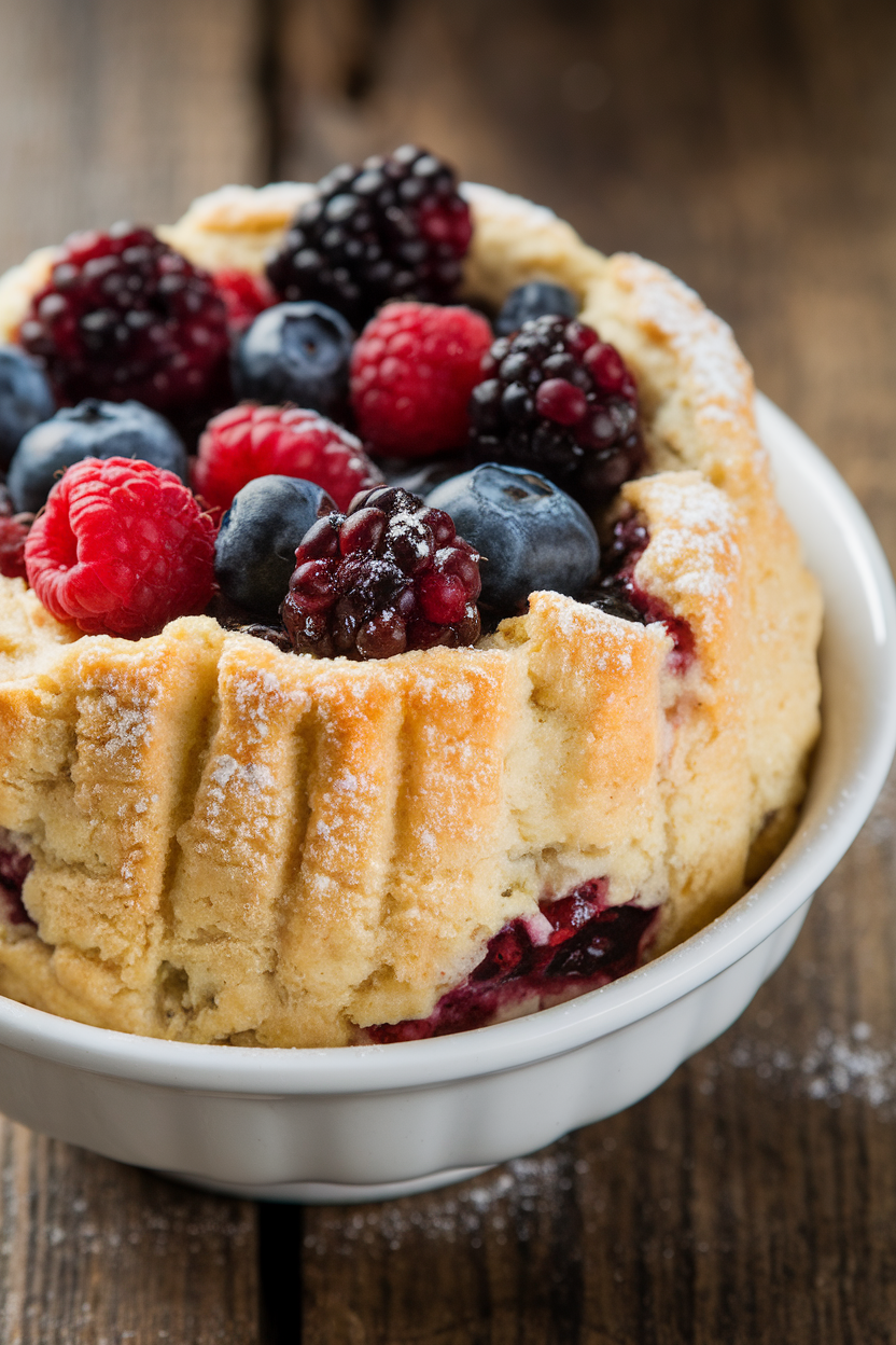 Indoor photo of a white cereal bowl holding juicy mixed berries under a tender biscuit-like topping, lightly dusted with powdered sugar. No text or logos.