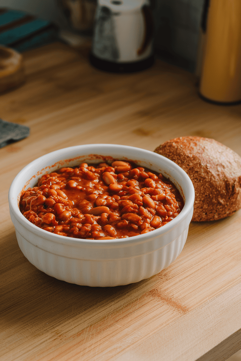 A white ceramic bowl on an indoor counter filled with saucy sloppy joe mixture, beans tucked invisibly within, with a whole-grain bun nearby ready for scooping. No text or logos present.