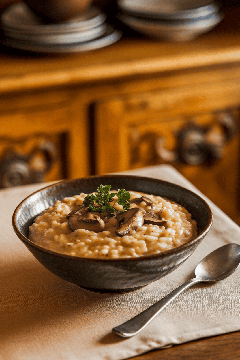 Photo, indoor dining table, a creamy bowl of mushroom risotto garnished with parsley, spoon resting at the side; no text or logos.