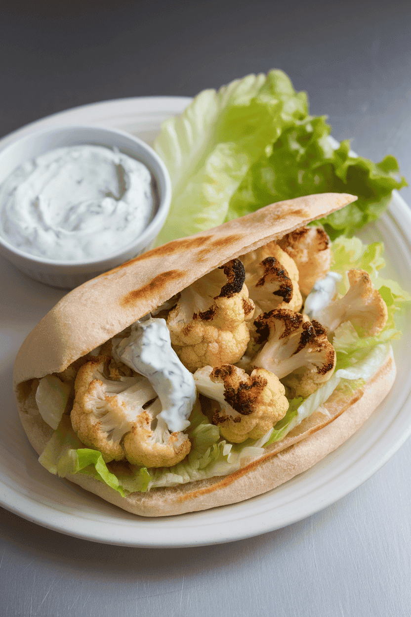 Indoor photo of a soft pita loaded with roasted cauliflower florets, tzatziki, and lettuce, no text or logos.