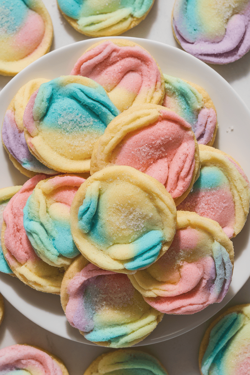 Indoor photo of sugar cookies with colorful pastel saltwater-taffy chunks marbled throughout, displayed on a white plate, overhead lighting, no text or logos