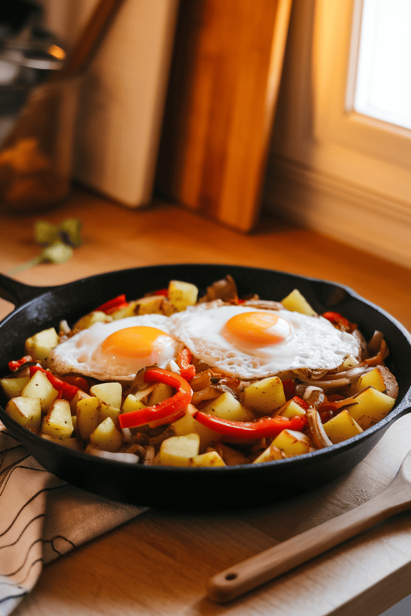 A warmly lit indoor kitchen counter featuring a cast-iron skillet piled with golden diced potatoes, sautéed bell peppers, onions, and two sunny-side-up eggs on top; steam visible, no text or logos in the scene. Photo, not illustration.