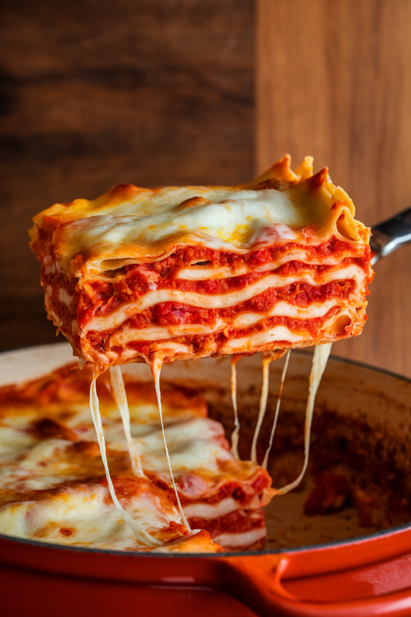 Indoor photo of a sliced square of cheesy lasagna lifted from a Dutch oven, strings of mozzarella stretching. Warm lighting; no logos or text.