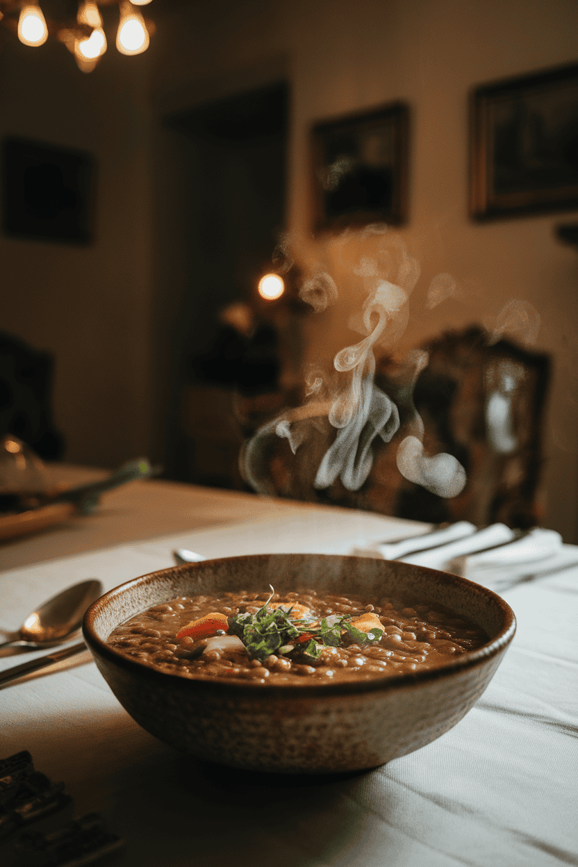 Indoor dining table with a rustic bowl of steaming lentil soup, visible carrots and celery pieces, garnished with a sprinkle of fresh herbs. No text or logos, warm evening light. Photo only.