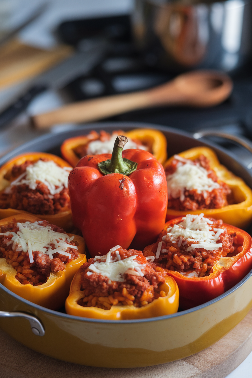 Indoor photo of halved roasted bell peppers filled with rice, ground meat, and tomato sauce in a baking dish. No text or logos.