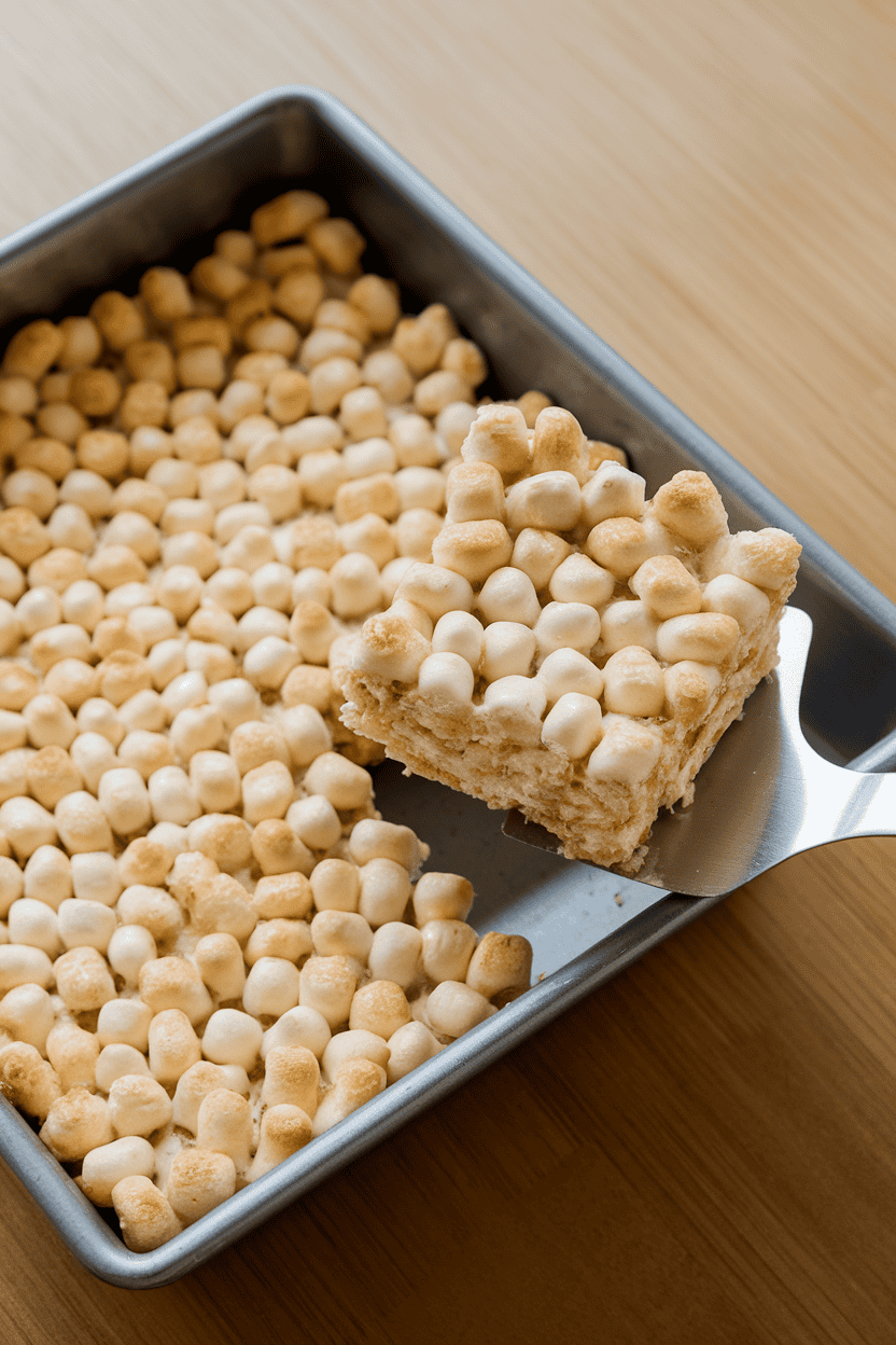 A square baking dish indoors with marshmallow-bound rice cereal treats, one corner piece lifted out on a spatula. Overhead lighting; no text or logos; photo, not illustration.