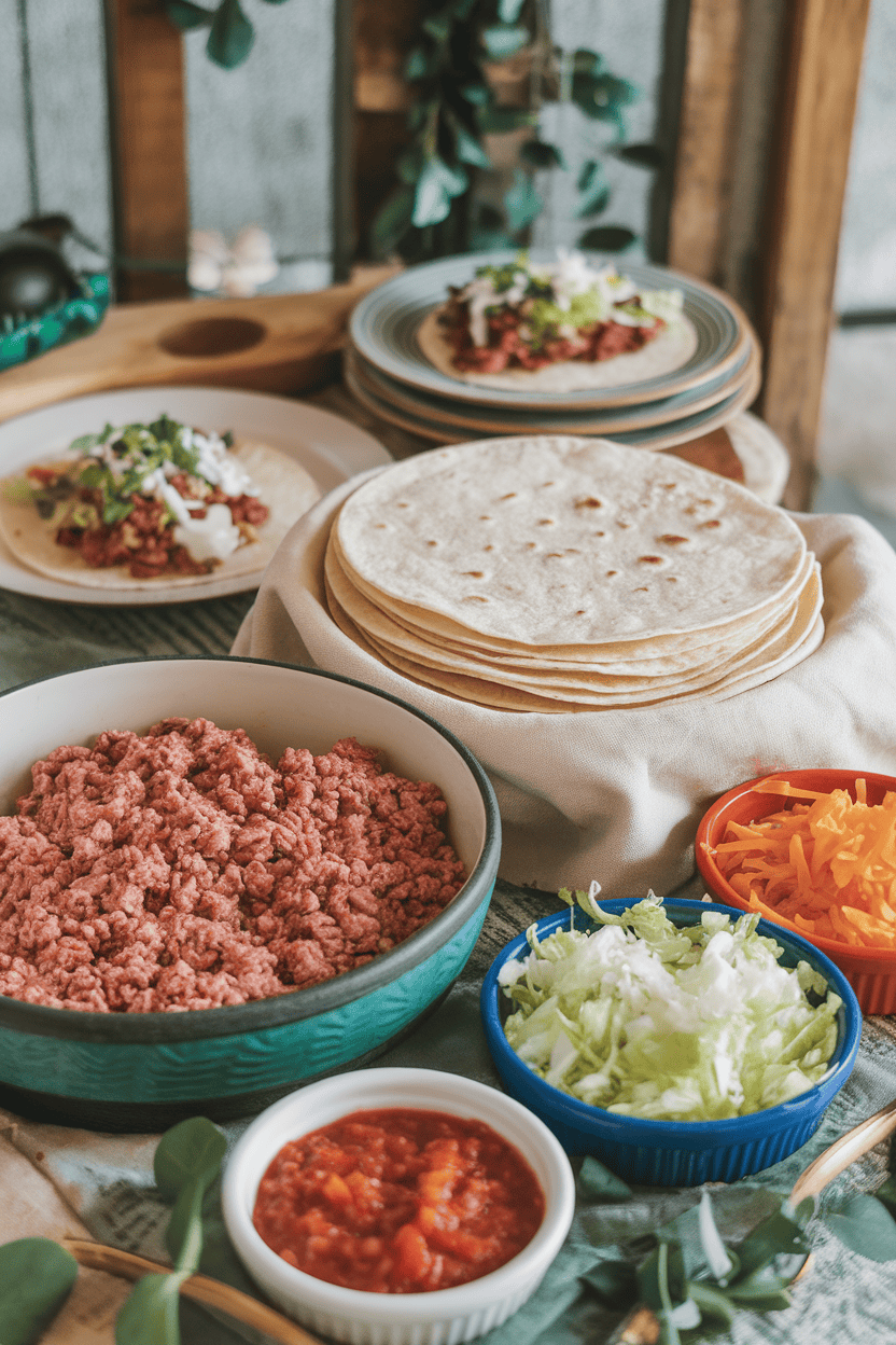 A family-style indoor spread featuring a bowl of seasoned ground turkey, stacks of warm tortillas wrapped in a cloth, and small dishes of shredded lettuce, cheese, and salsa. No text or logos visible.