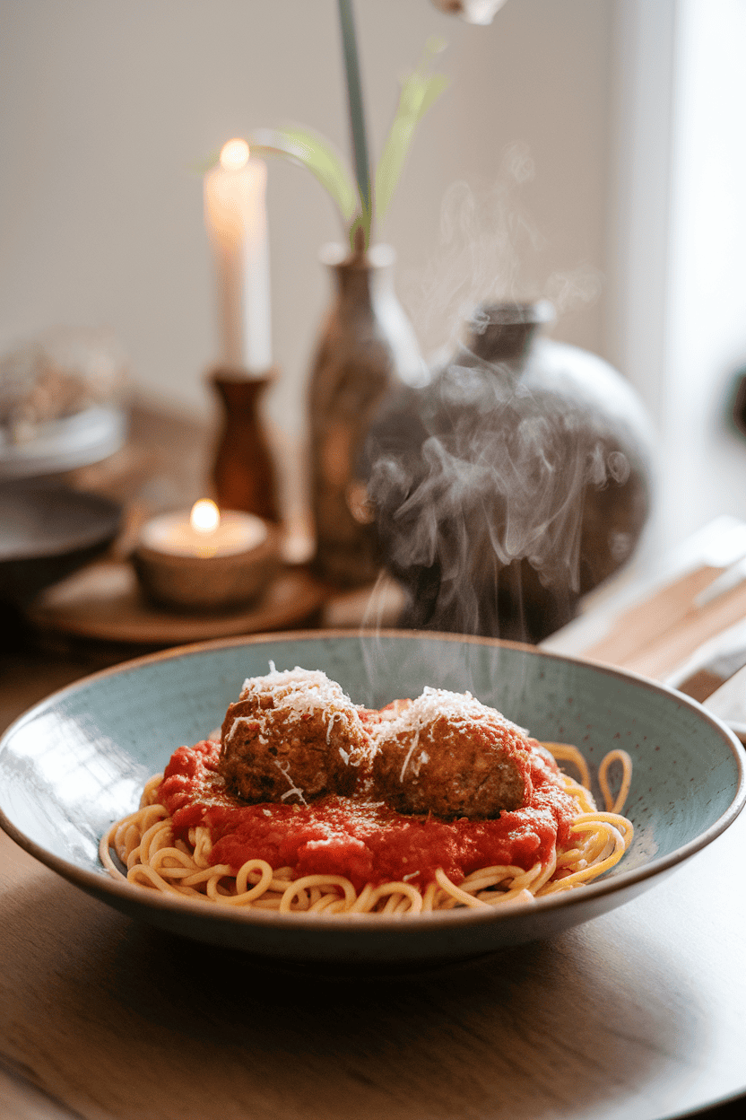 Cozy indoor dining table with a shallow bowl of spaghetti topped with hearty meatballs and marinara sauce, a sprinkling of grated Parmesan melting on top; steam rising, no text or logos anywhere in frame; photo, not illustration.