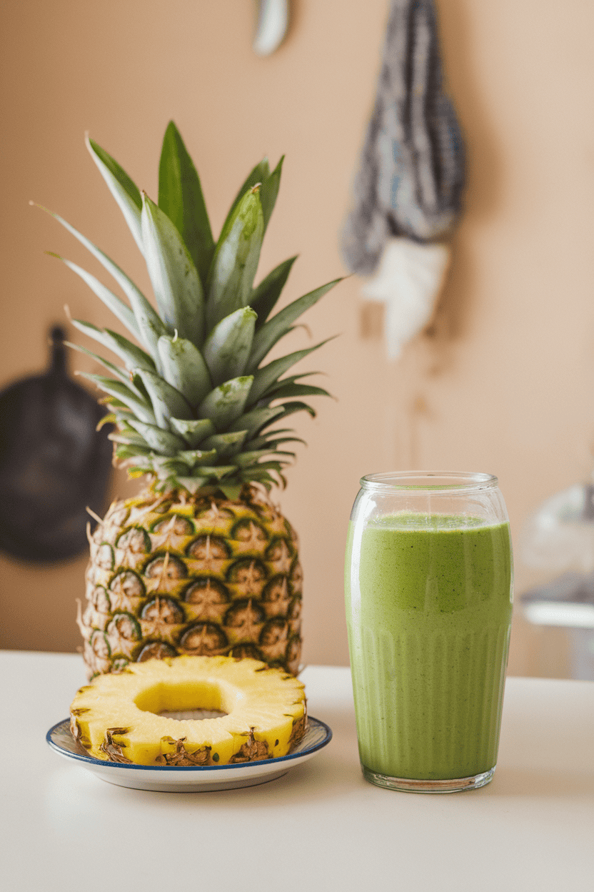 Indoor kitchen counter view of a bright green pineapple-kale smoothie beside a small plate of pineapple rings. Photo, no text or logos.