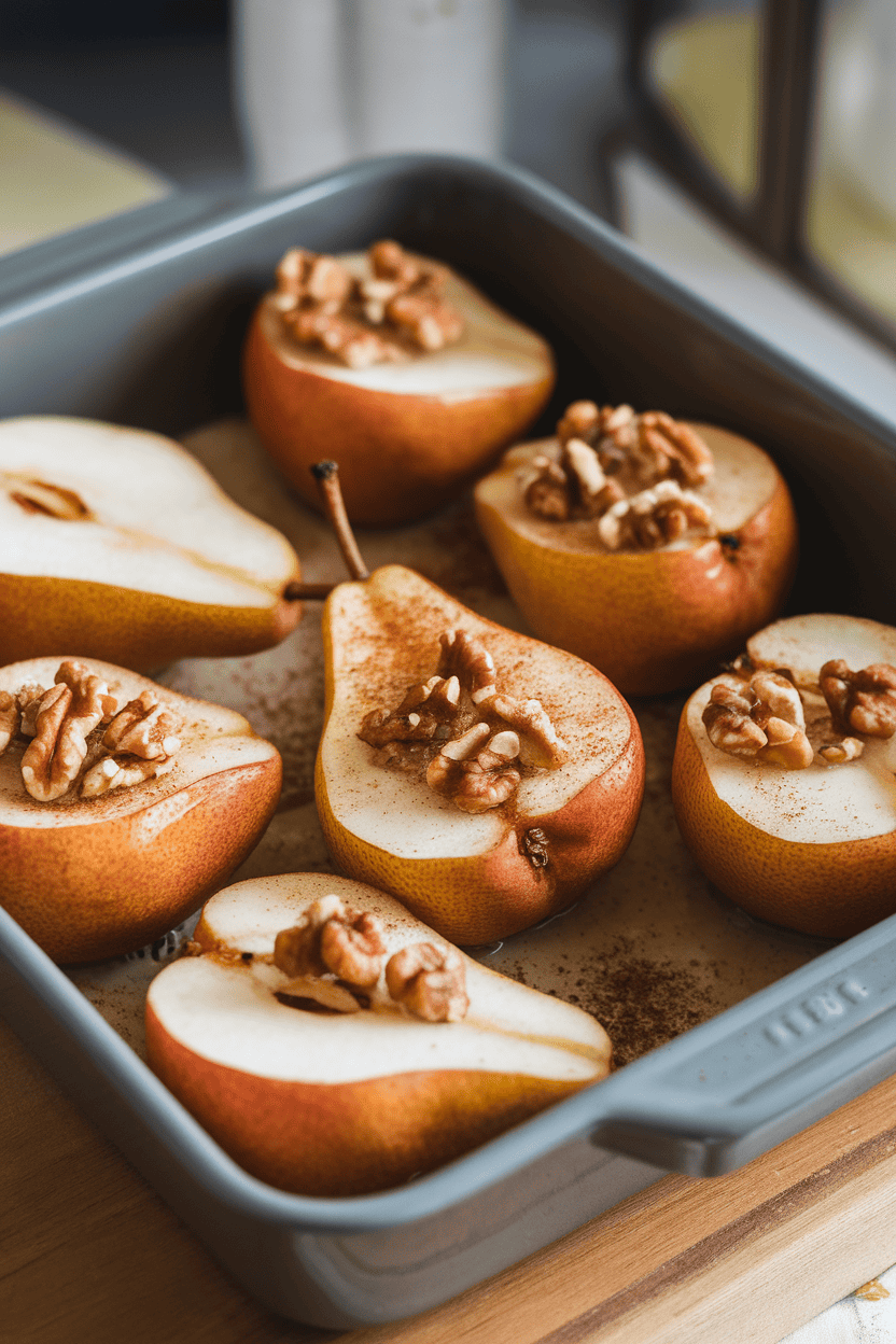 An indoor baking dish holding halved pears baked until tender, tops sprinkled with cinnamon and crushed walnuts. No logos or text. Photo, not illustration.
