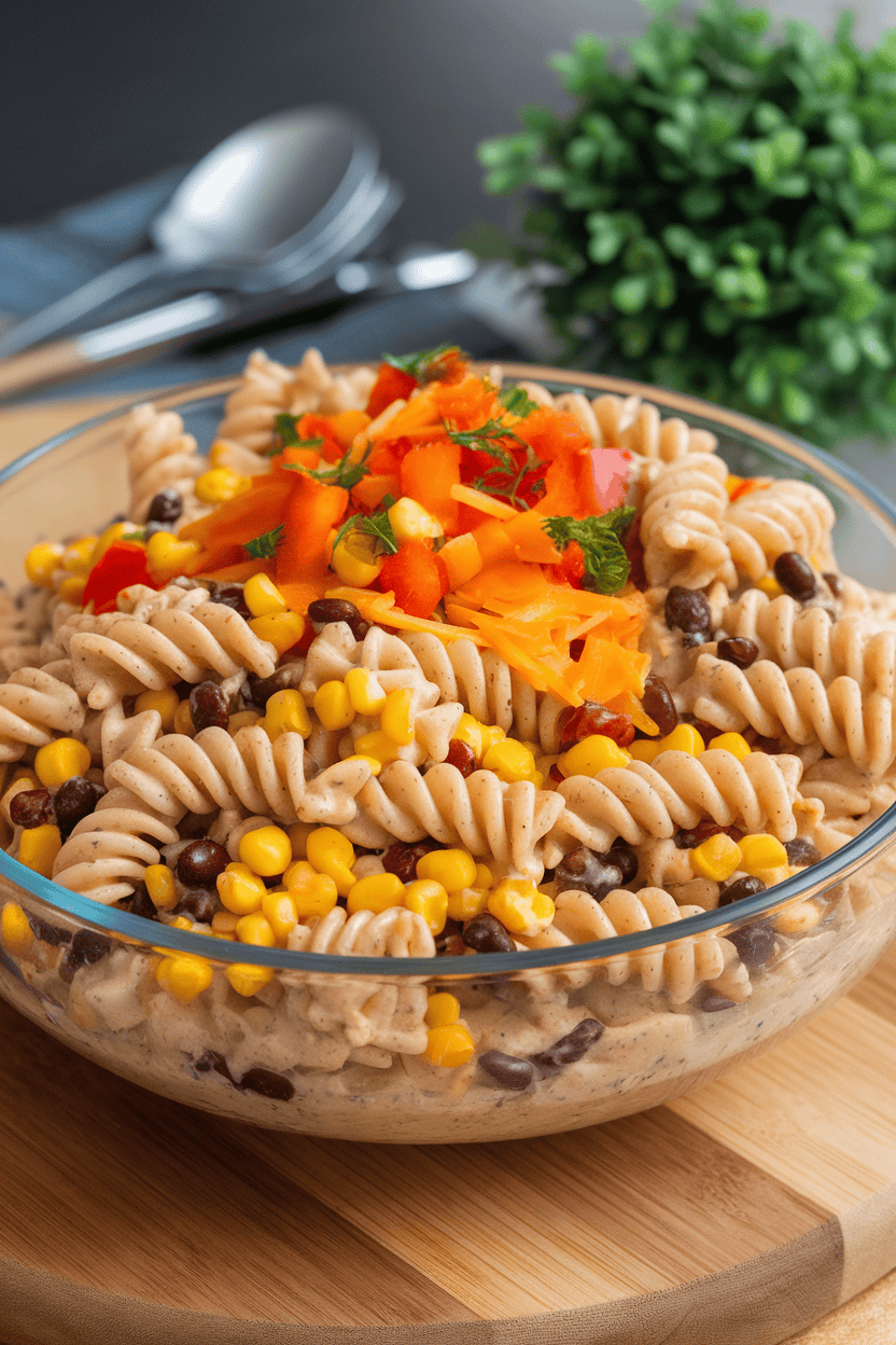 Indoor serving bowl with rotini pasta, roasted corn, black beans, diced peppers, and shredded cheddar, dressed in chipotle ranch. Photo only, no text or logos.