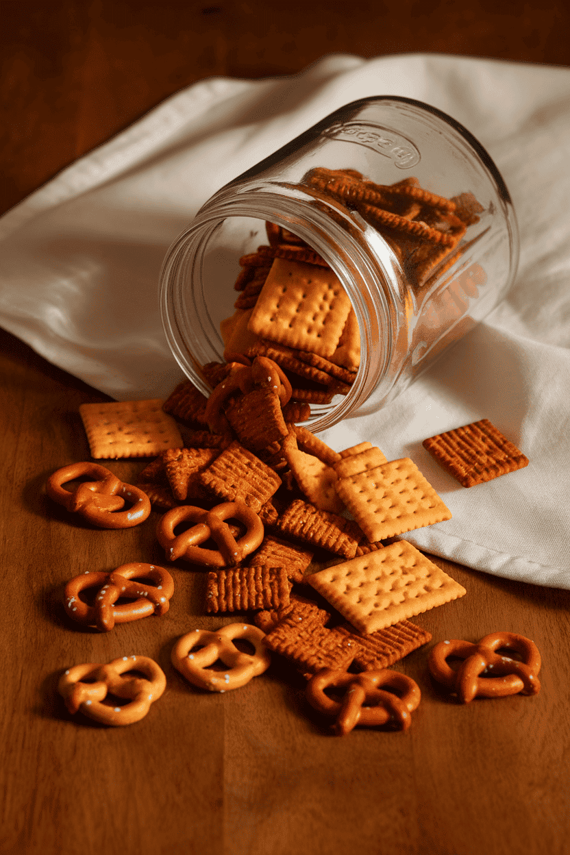 An indoor glass jar tipped on its side spilling mini pretzels, cheese crackers, and rye chips onto a wooden table. Warm directional lighting; no text or logos; photo, not illustration.