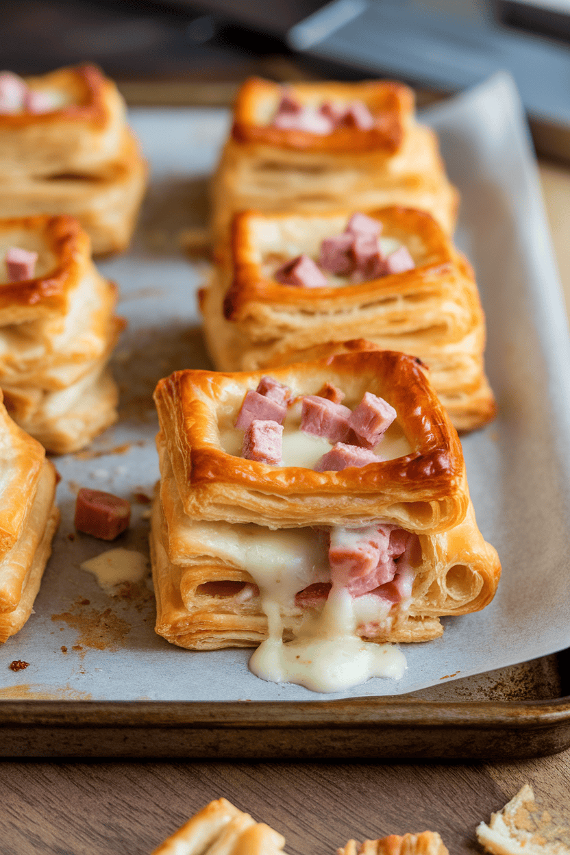 Indoor photo of flaky puff pastry squares stuffed with diced ham and melted cheese on a baking sheet; no text or logos visible.
