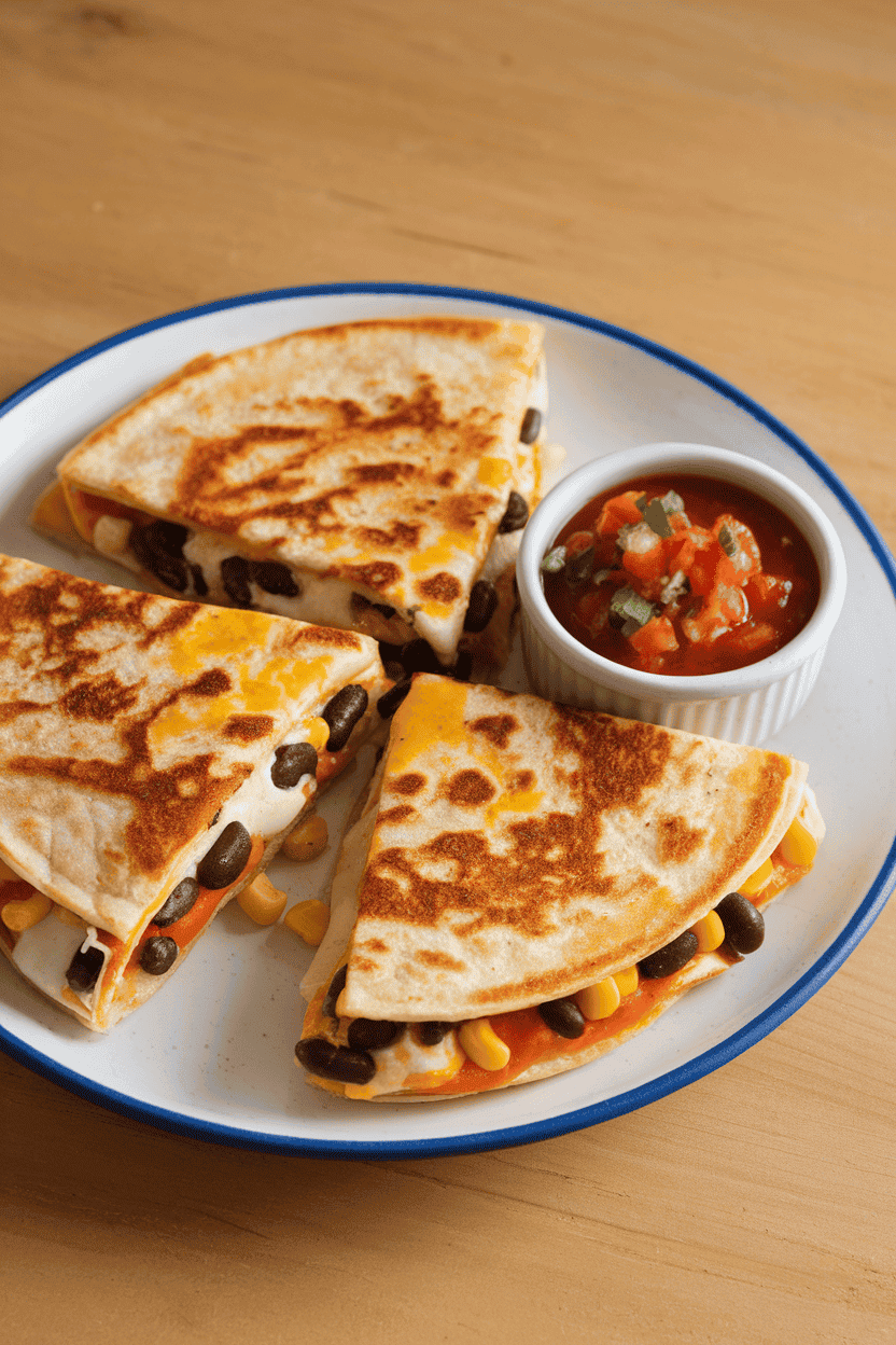 Photo of wedge-cut quesadillas showing melted cheese, black beans, and corn kernels on an enamel plate indoors, with a small bowl of salsa nearby. No logos or text in view.