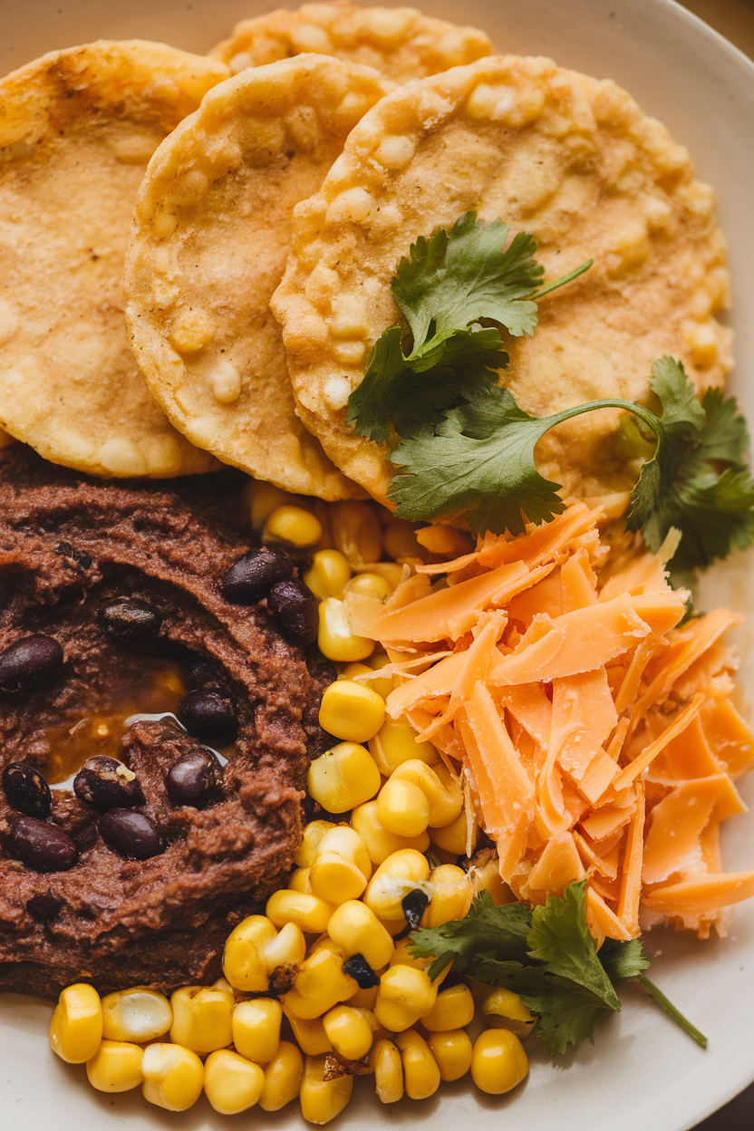 Warm indoor shot of masa harina corn discs, black bean spread, roasted corn kernels, and shredded pepper jack cheese—no visible text or logos.