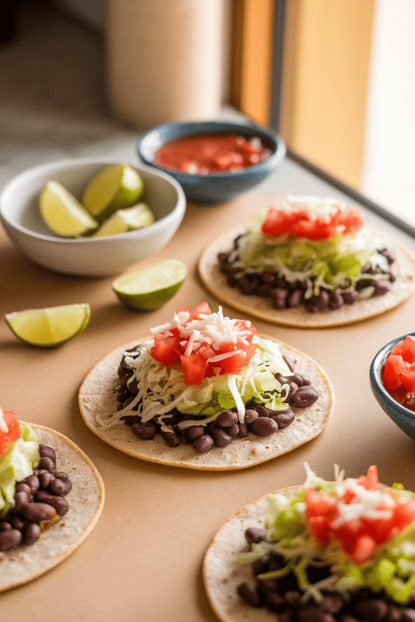 Indoor countertop with soft corn tortillas topped with seasoned black beans, shredded lettuce, diced tomatoes, and a sprinkle of cheese. Side bowls of lime wedges and salsa nearby, no logos or text, warm inviting light. Photo only.