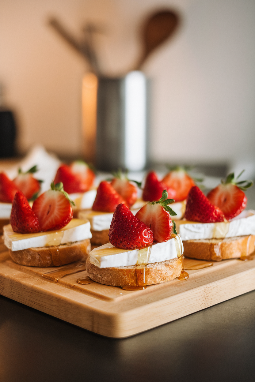 Photo of an indoor cutting board displaying several small baguette rounds topped with a slice of creamy brie and a fan of fresh strawberries, honey lightly drizzled on top. Soft, warm lighting; no text or logos visible.