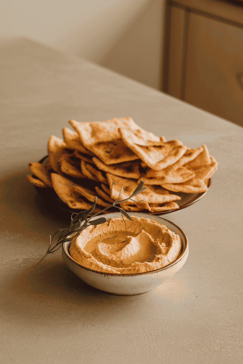 An indoor kitchen island displaying a small bowl of creamy hummus drizzled with olive oil alongside a plate of crisp pita chips. Neutral background, no text or logos.