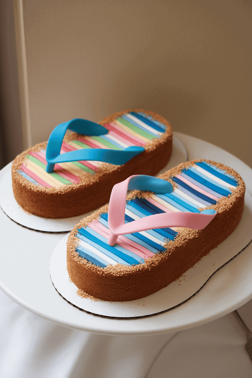 Indoor photo of two individual loaf-shaped cakes decorated as colorful flip-flops, complete with fondant straps and sprinkle “sand” around the soles; no text or logos.