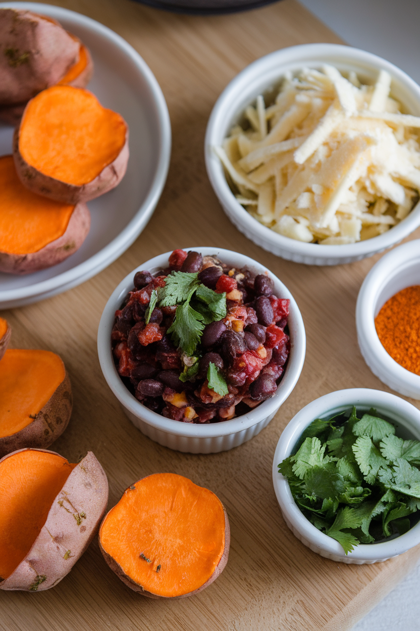 Indoor shot of mini sweet potato rounds (pre-roasted), black bean salsa cup, shredded queso fresco, and chopped cilantro—no logos or text present.