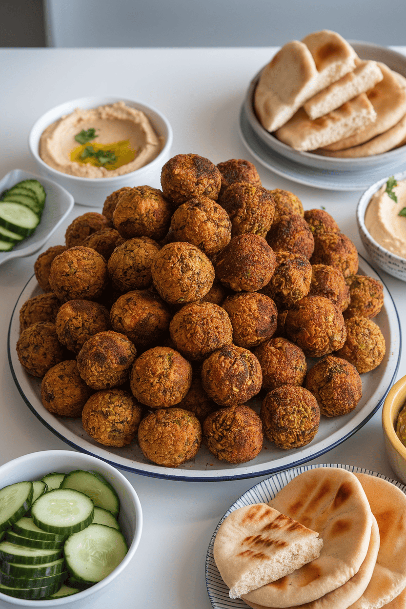 Indoor photo of a platter piled with baked falafel balls, surrounded by bowls of hummus, sliced cucumbers, and warm pita bread; no text or logos.