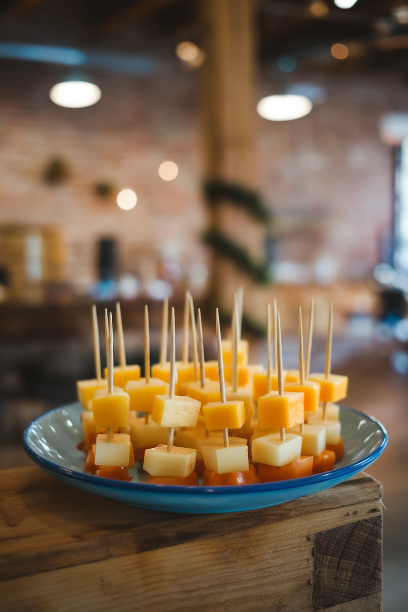An indoor plate of short toothpick skewers alternating cheddar cubes and apple chunks, no text or logos.