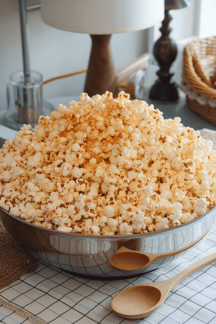A cozy indoor bowl overflowing with freshly popped popcorn, lightly buttered and sprinkled with smoked paprika. No visible text or logos.