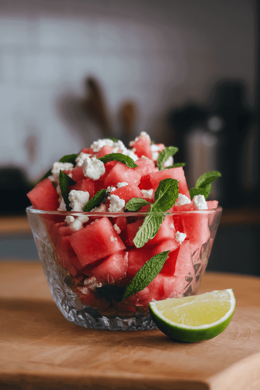 Indoor photo of a glass bowl filled with cubed watermelon, crumbled feta, and torn mint leaves, a lime wedge off to the side. Bright yet soft lighting, no logos or text.