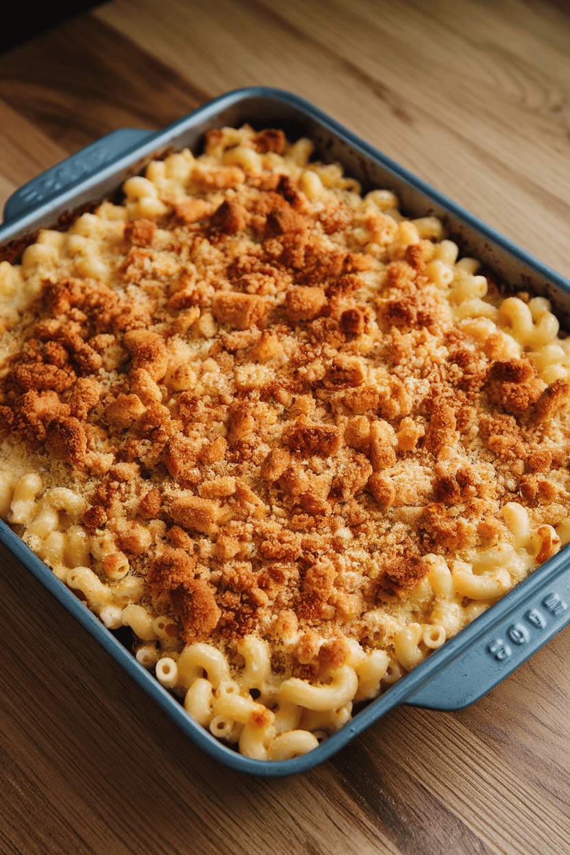 Photo, indoor baking dish on kitchen table, creamy macaroni and cheese with a browned breadcrumb topping just out of the oven; no text or logos anywhere.